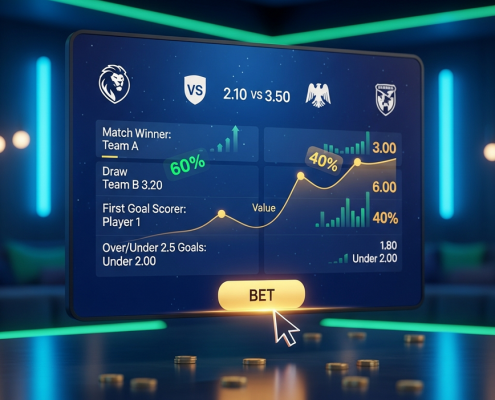 Sleek online sports betting interface showing football match odds, overlaid with data visualizations and a rising value trend graph, set in a luxurious digital environment, representing value betting.
