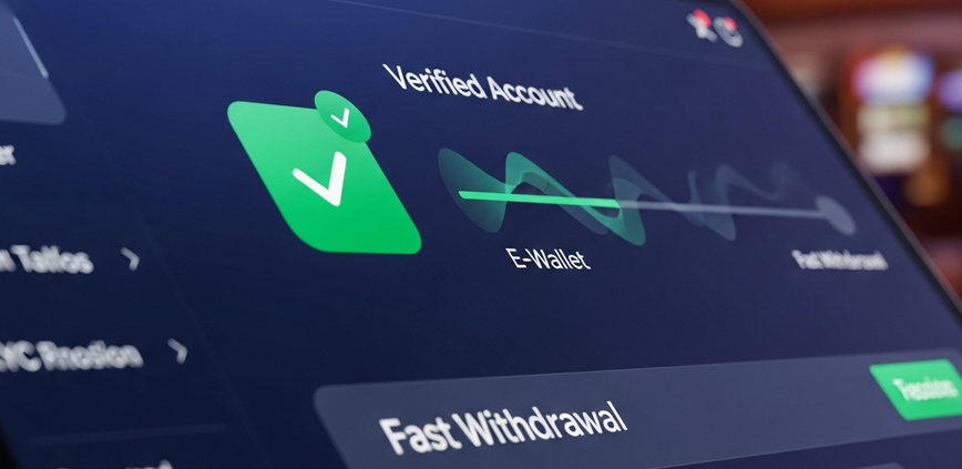 A sleek online casino account dashboard showing a 'Verified Account' status and a fast withdrawal transaction completing, symbolizing quick KYC for faster payouts.