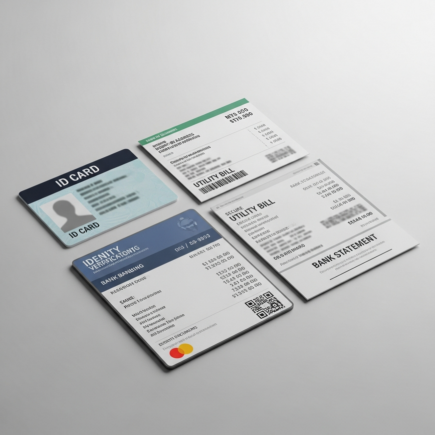 Illustrates the three essential documents required for KYC verification (ID, proof of address, bank statement) in a secure, organized manner.