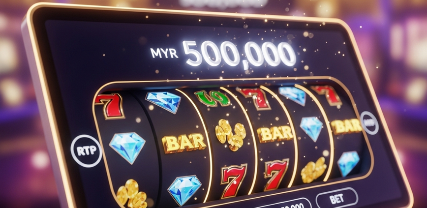 Vibrant progressive jackpot slot machine interface showing spinning reels with winning symbols and a large jackpot display, representing high RTP and premium online casino gaming in Malaysia.