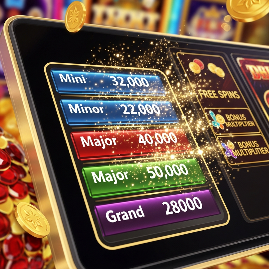 Visually represents a multi-tiered progressive jackpot system and integrated promotional elements, highlighting the excitement and potential rewards.