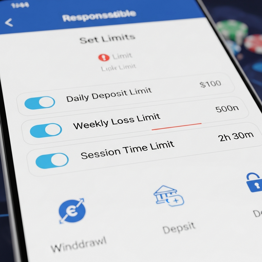 Highlights responsible gambling tools and secure withdrawal/deposit strategies available on an online betting platform.