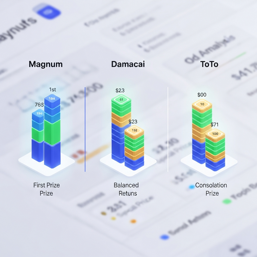 To visually represent the 'Complete Odds and Payout Comparison' section, illustrating the differing prize structures and payouts of the three 4D lottery operators.