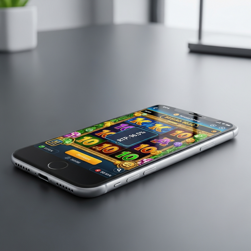 Illustrates the key criteria of RTP transparency and mobile performance optimization, showing a game running flawlessly on a mobile device with clear RTP information.