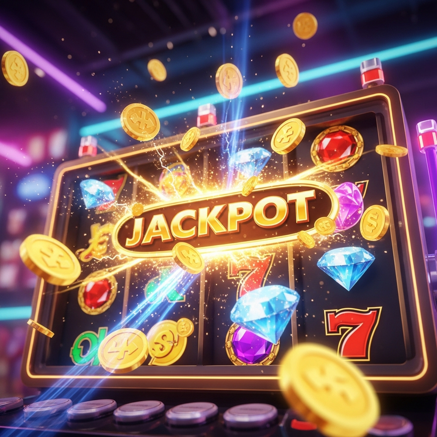 Highlights 'Jackpot Opportunities' and 'Bonus Feature Innovation,' showing an exciting moment of a progressive jackpot slot with active bonus elements.