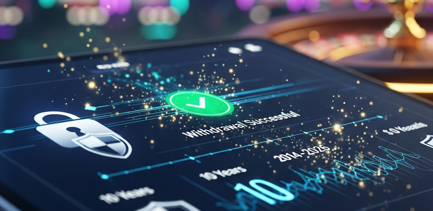 A digital interface on a tablet showing a 'Withdrawal Successful' confirmation with secure transaction symbols, representing 10 years of reliable online casino payments.