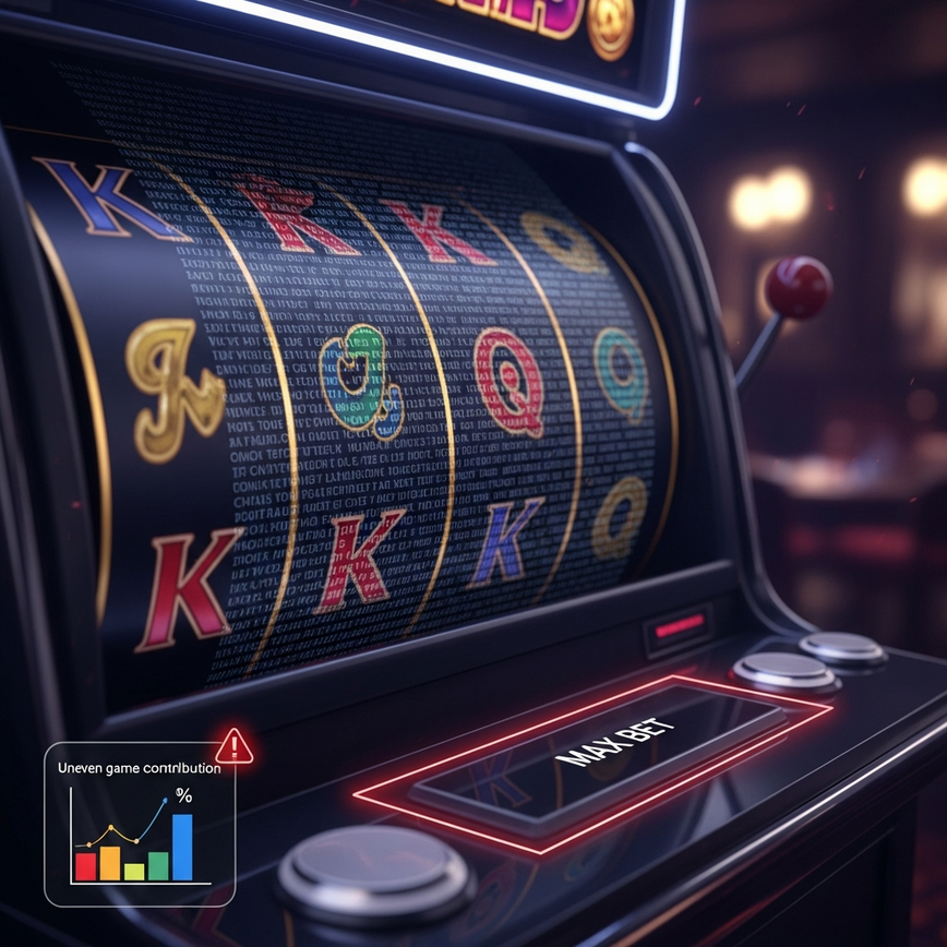 Illustrates the concept of 'hidden traps' in bonus terms, specifically game contribution variations and maximum bet restrictions, within a casino game interface.