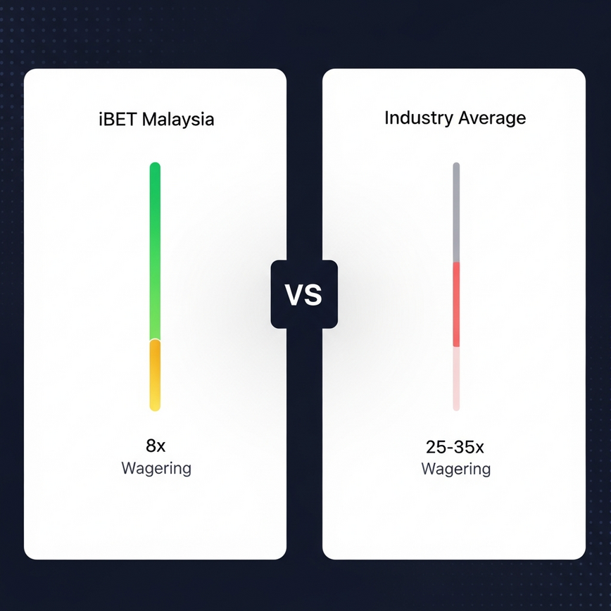 Illustrates the significant difference in wagering requirements between iBET Malaysia's 8x and the industry average of 25-35x, highlighting iBET's advantage.