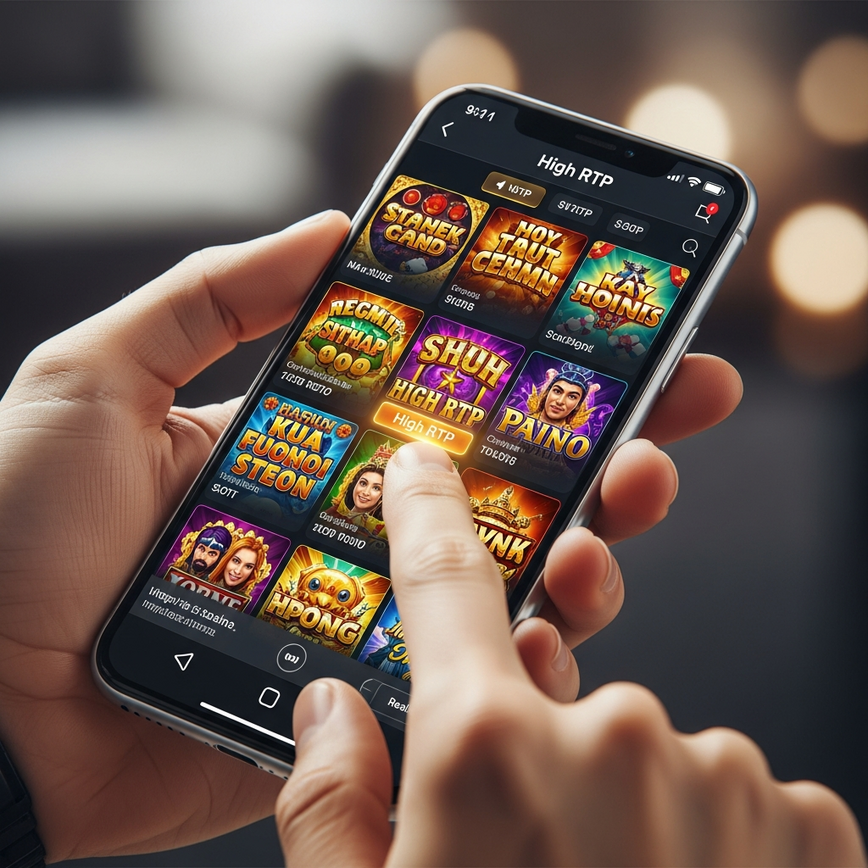 Depicts a player making a strategic game choice on a mobile casino interface, focusing on high RTP slots to maximize bonus value.