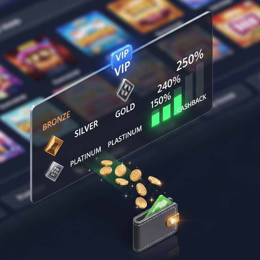 Illustrates the transparent tier progression and tangible cashback rewards of a VIP loyalty program in a Malaysian online casino.
