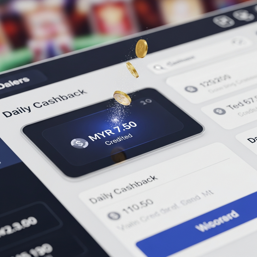 Illustrates the concept of daily cashback calculations, showing a digital interface where a small amount of credit is added to a player's account.