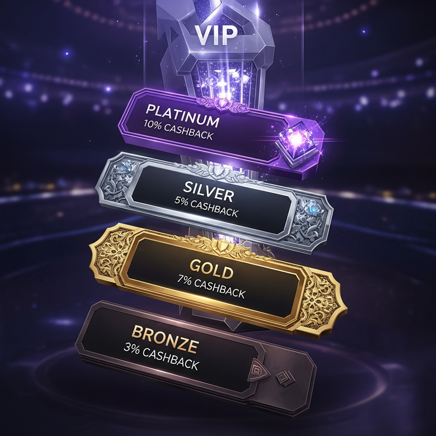 Depicts the impact of VIP tiers on cashback rates, showing a progression of loyalty levels with increasing percentage returns.
