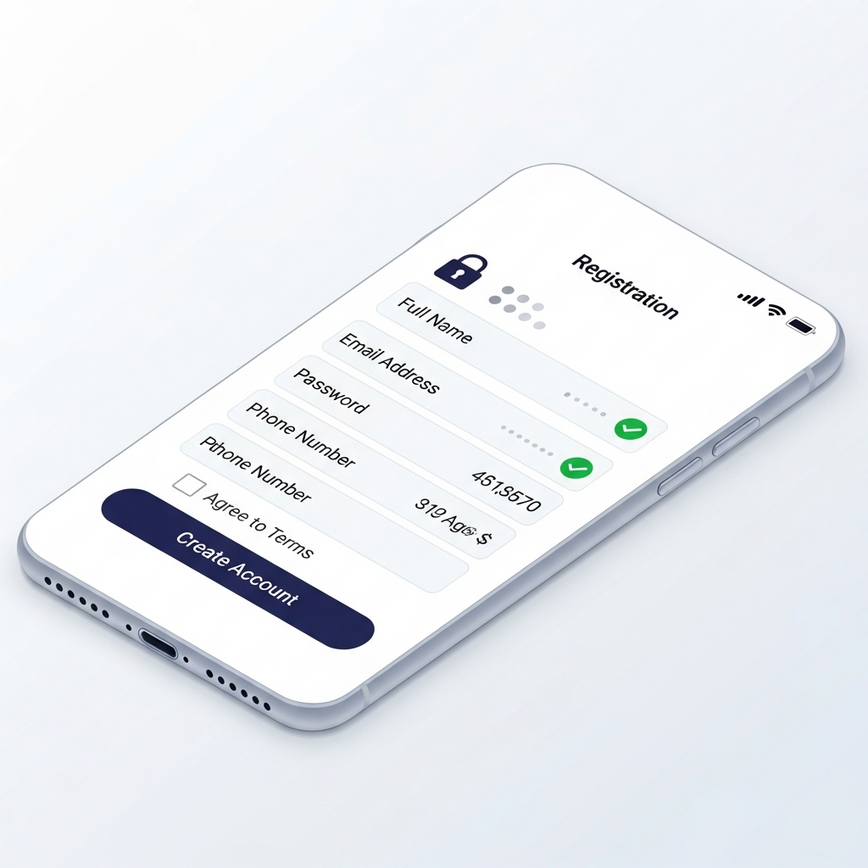 Illustrates the streamlined mobile registration process, emphasizing ease of use and security for new users.