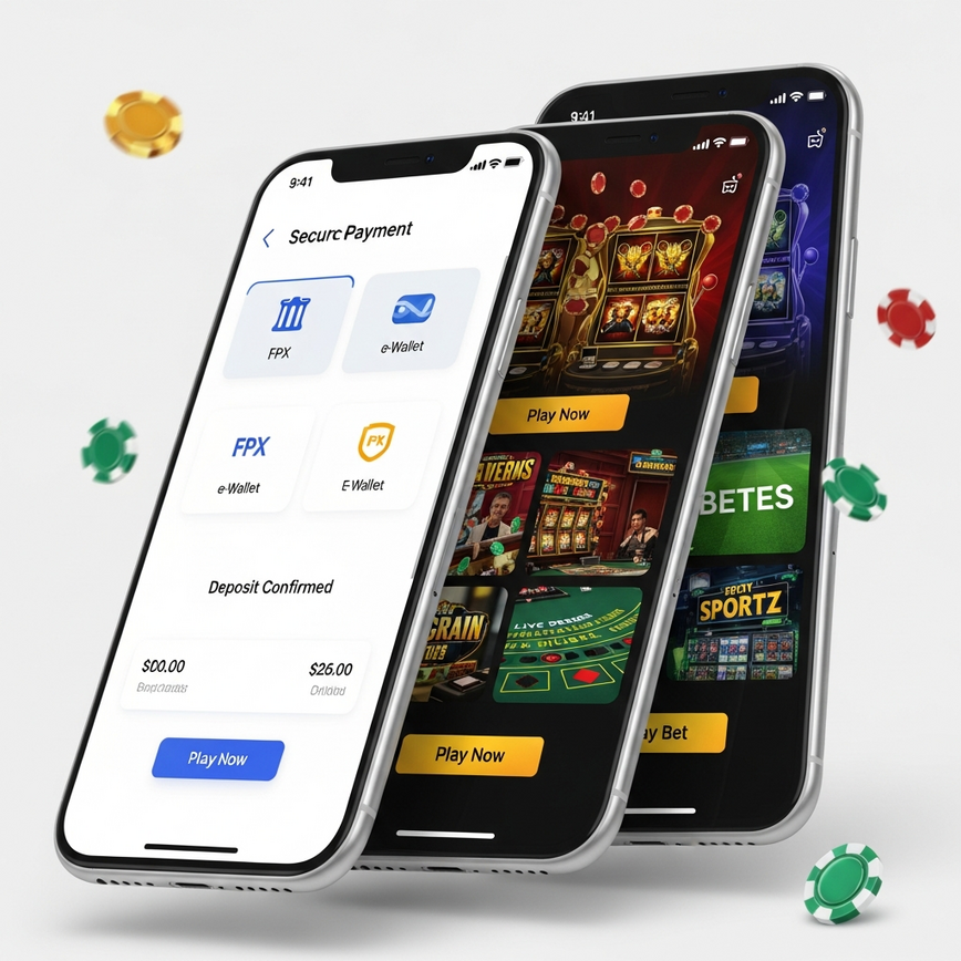 Depicts the instant deposit process and the immediate transition to placing a first bet on various mobile casino games.