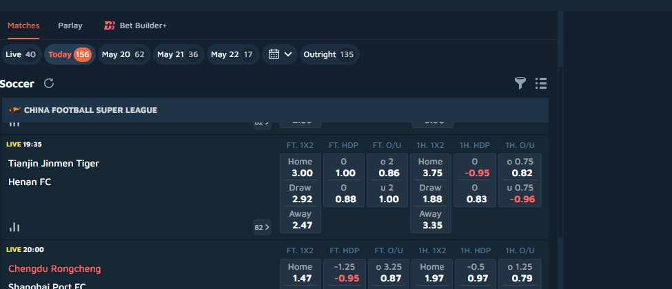 China Football Super League match row on SABA showing FT 1X2, FT HDP, FT O/U, 1H 1X2, 1H HDP, 1H O/U markets and odds