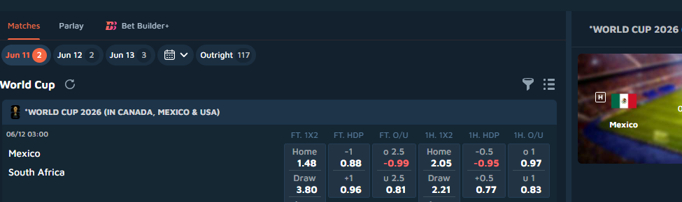 SABA World Cup 2026 hub showing Mexico vs South Africa with full-time and half-time markets