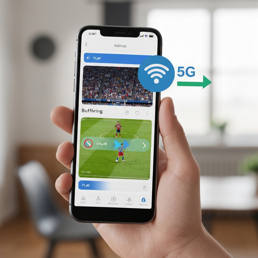 Illustrates immediate mobile device streaming fixes, such as switching between WiFi and mobile data or clearing app cache, showing a transition from buffering to clear stream.