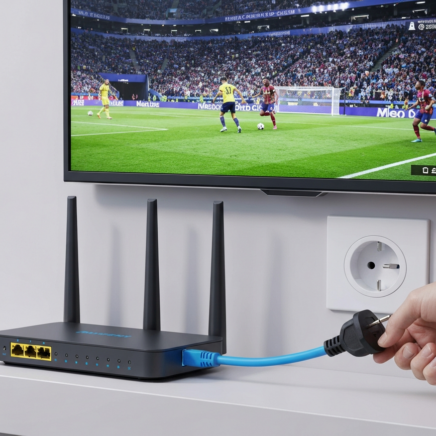 Visualizes home network troubleshooting and preparation, particularly focusing on router/modem resets and Ethernet connections for Smart TVs to ensure stable World Cup streaming.